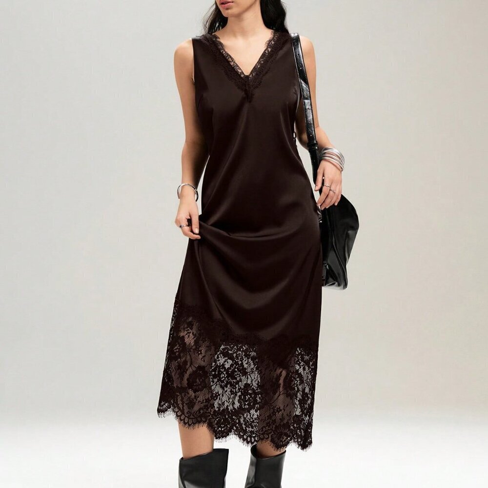 Coffee Brown Elegant Women's Mid-Length Dress With V-Neck Lace Panel